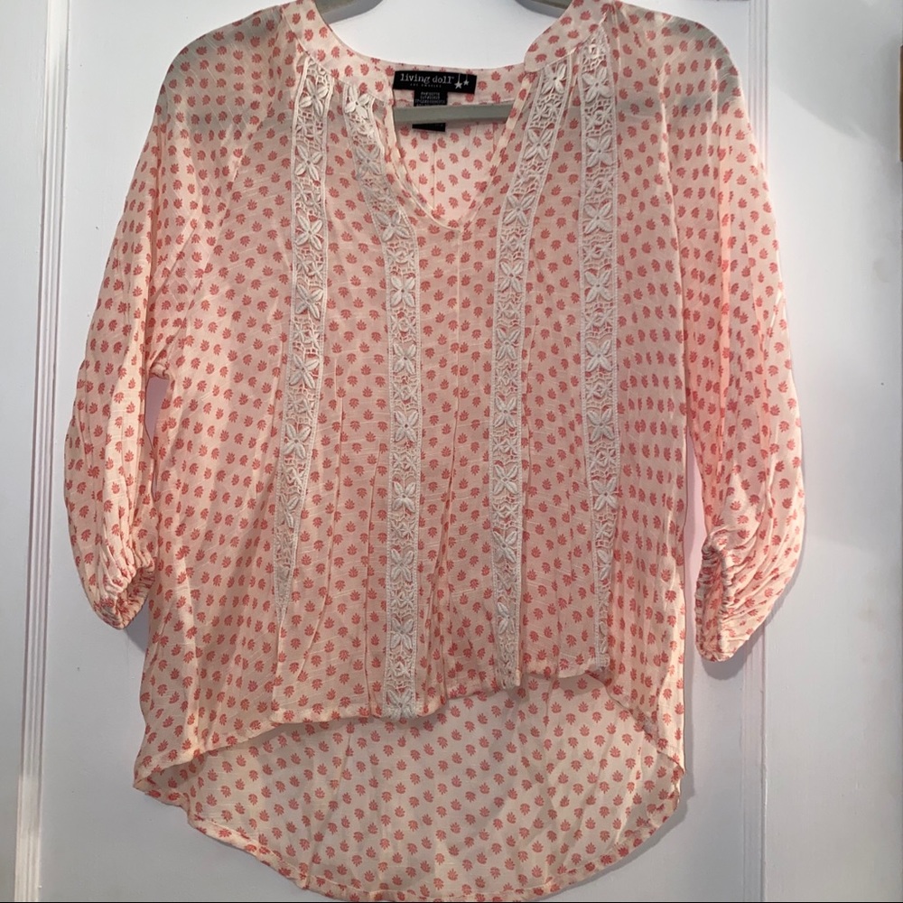 Pink and White Blouse with Lace Accents